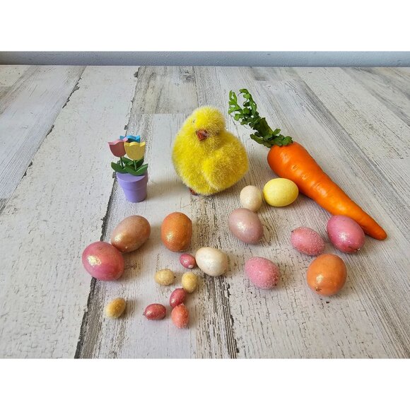 Vintage chick carrot eggs glitter flower spring Easter decor set - Picture 1 of 9